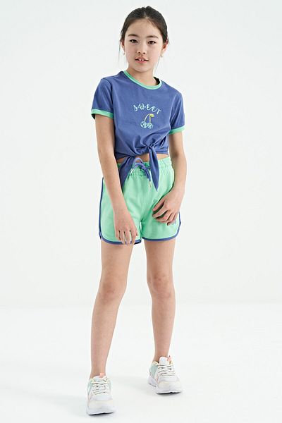 TOMMY LIFE Set pantaloni scurți pentru fete cu imprimeu verde apă - Potrivire confortabilă, detaliat cu noduri - Violet deschis 75132