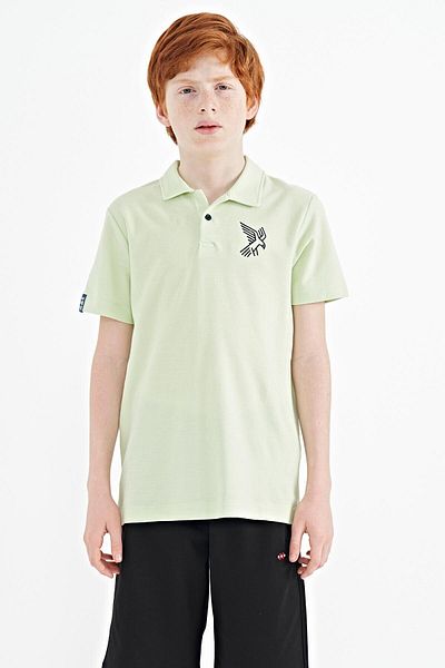 TOMMY LIFE Light Green Minimal Embroidery Detailed Standard Pattern Polo Neck Boy's T-shirt - 11084