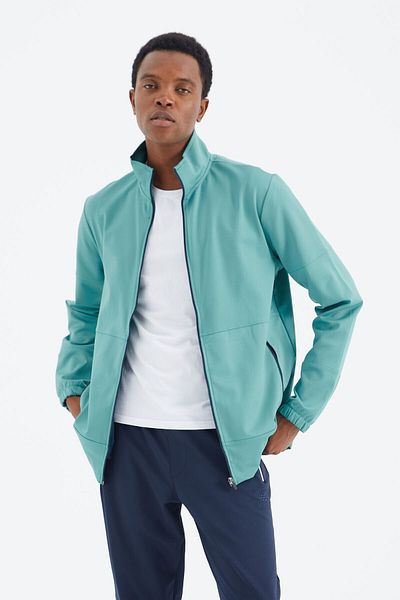TOMMY LIFE Sea Green High Collar Men's Sweatshirt with Zipper Pocket Detail - 88273