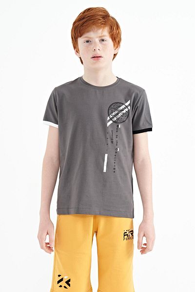 TOMMY LIFE Dark Gray Printed Detailed O-neck Standard Mold Boy T-shirt - 11131