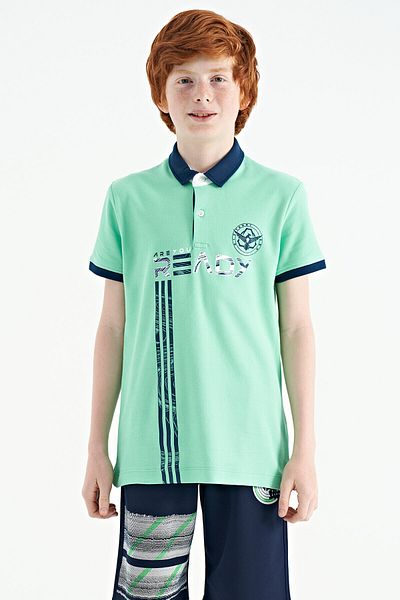 TOMMY LIFE Water Green Text Print Patterned Standard Mold Polo Collar Boy T-shirt - 11143