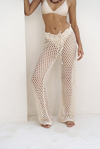 BOHEMAİ Koronkowe, ażurowe spodnie Texas w kolorze beżowym