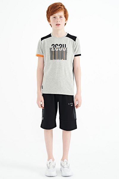 TOMMY LIFE Gray Melange Print Detailed O Neck Standard Fit Boy's T-shirt - 11157