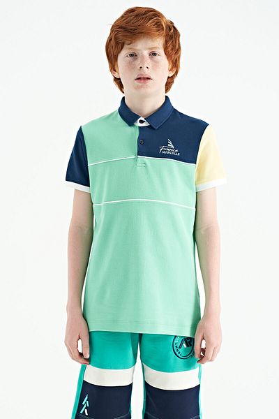 TOMMY LIFE Water Green Color Blocked Embroidery Detailed Standard Mold Polo Collar Boy's T-shirt - 11109