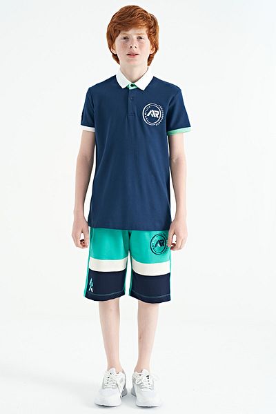 TOMMY LIFE Μπλουζάκι Polo για αγόρι - Indigo, πολύχρωμο μανίκι και κέντημα λογότυπου - 11138