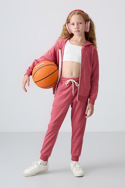 TOMMY LIFE Embroidered Girl's Tracksuit Set - Soft Textured, Furry Inside, Wild Rose Cotton - 75148
