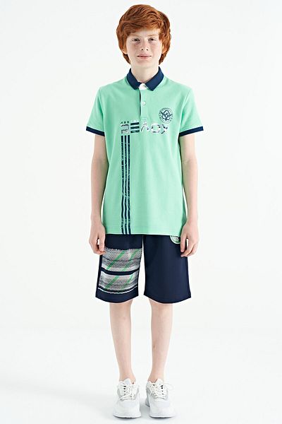 TOMMY LIFE Water Green Text Print Patterned Standard Mold Polo Collar Boy T-shirt - 11143