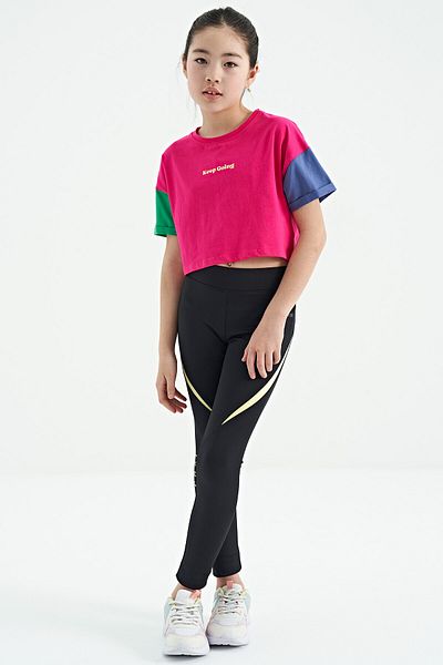 TOMMY LIFE Fuchsia Text Printed O Neck Low Shoulder Oversize Girl's T-shirt - 75130