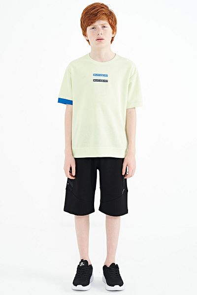 TOMMY LIFE Light Green Text Embroidered O Neck Oversize Boy's T-shirt - 11146