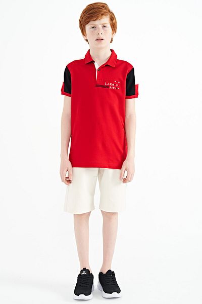 TOMMY LIFE Red Color Blocked Shoulder Garni Detailed Standard Mold Boy's T-shirt - 11155