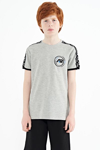 TOMMY LIFE Grey Melange Shoulder Print Detailed Standard Mold O Neck Boy T-shirt - 11121