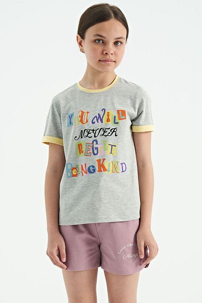 TOMMY LIFE Gray Melange Colored Text Detailed O Neck Comfortable Form Girl's T-shirt - 75109