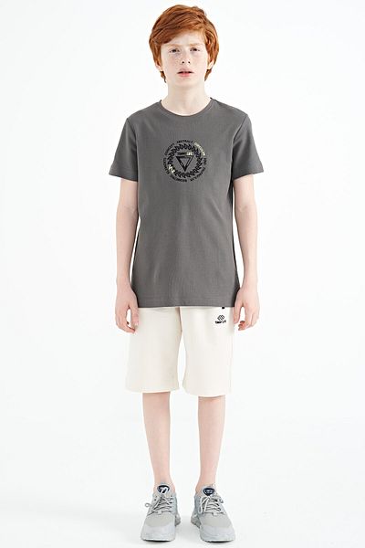 TOMMY LIFE Dark Gray Embroidery Detailed O Neck Standard Mold Boy's T-shirt - 11115