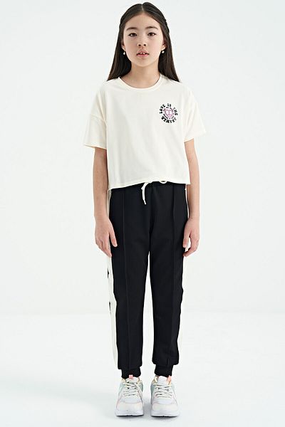 TOMMY LIFE Ecru Front Back Printed O Neck Low Shoulder Oversize Short Sleeve Girl's T-shirt - 75126