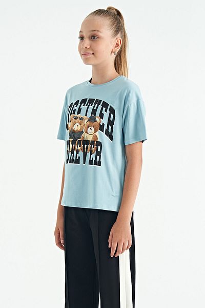 TOMMY LIFE Tricou pentru fetiță cu mânecă scurtă, cu decolteu în formă de ursuleț de pluș albastru deschis - 75116