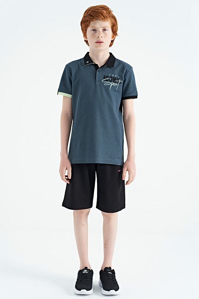 TOMMY LIFE Forest Green Collar Shell Embroidery Detailed Standard Mold Polo Collar Boy T-shirt - 11139