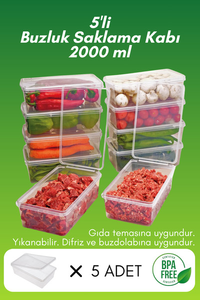 SUPERCUPP Plastik Kendinden Kilitli- Kapaklı Saklama Kabı (Gıdaya Uygun - Hava Almaz) 2 Litre - 5 Adet