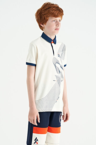 TOMMY LIFE Ecru Print Detailed Standard Pattern Polo Neck Boys' T-Shirt - 11164