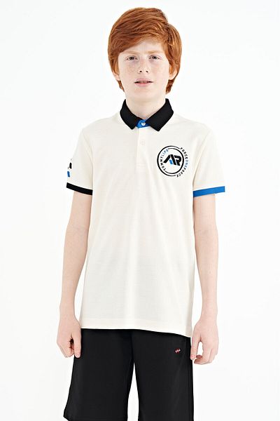 TOMMY LIFE Ecru Colored Logo Embroidered Sleeve End Standard Mold Polo Collar Boy's T-shirt - 11138