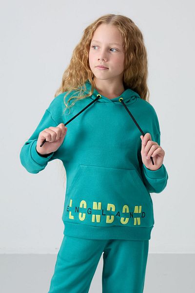 TOMMY LIFE Sea Green Cotton Furry Inside Soft Textured Oversize εμπριμέ κοριτσίστικο κοστούμι - 75147