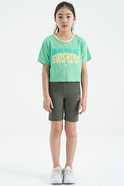 TOMMY LIFE Water Green Color Text Printed O Neck Oversize κοντομάνικο μπλουζάκι για κορίτσια - 75111