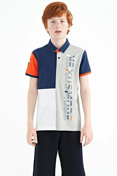TOMMY LIFE Gray Melange Color Block Print Detailed Standard Fit Polo Neck Boy's T-shirt - 11112