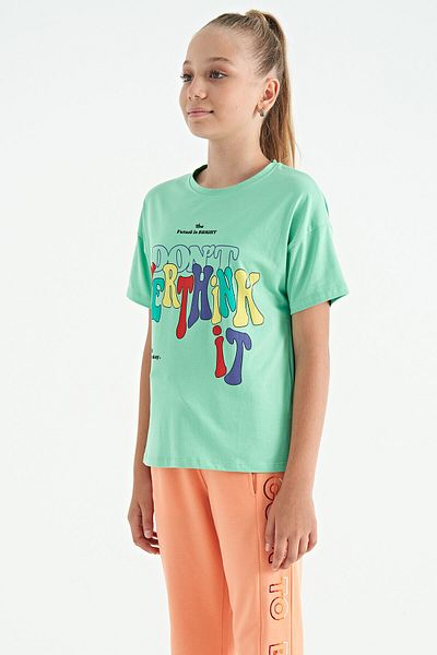 TOMMY LIFE Water Green Color Text Printed O Neck Oversize κοντομάνικο μπλουζάκι για κορίτσια - 75112
