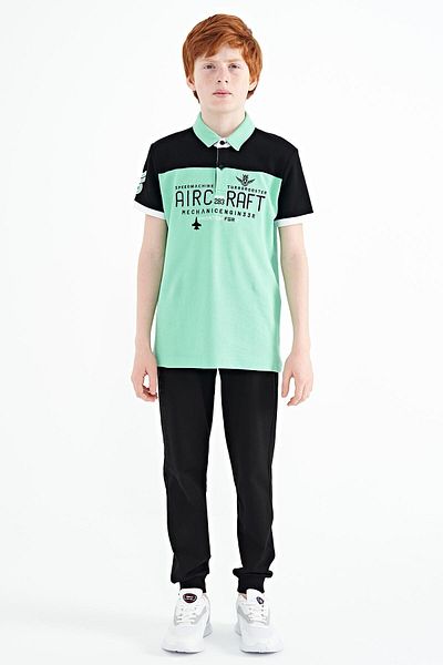 TOMMY LIFE Water Green Color Blocked Text Embroidered Standard Pattern Polo Neck Boys' T-shirt - 11087