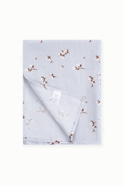 Boumini Light Blue Cotton Patterned Muslin Blanket - 120X120 cm