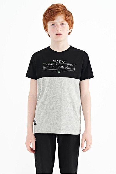TOMMY LIFE Grey Melange Printed Color Block Standard Mold O-neck Boy's T-shirt - 11134