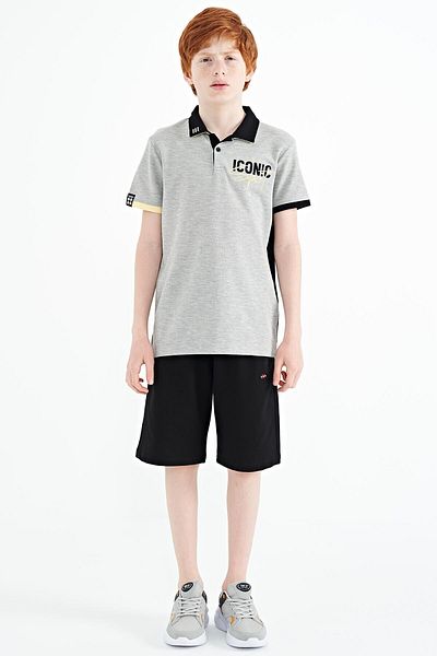 TOMMY LIFE Grey Melange Collar Shell Embroidery Detailed Standard Mold Polo Collar Boy's T-shirt - 11139