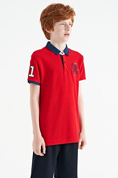 TOMMY LIFE Red Sleeve Chest Embroidery Detailed Standard Mold Polo Collar Boy's T-shirt - 11086