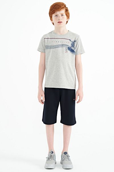 TOMMY LIFE Gray Melange Print Detailed Standard Fit O-Neck Boy's T-shirt - 11133