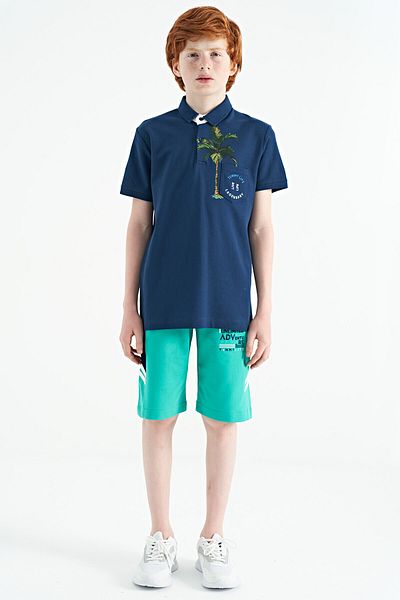 TOMMY LIFE Tricou cu gât polo pentru băieți - imprimeu indigo, detaliu buzunar, croială standard - 11144