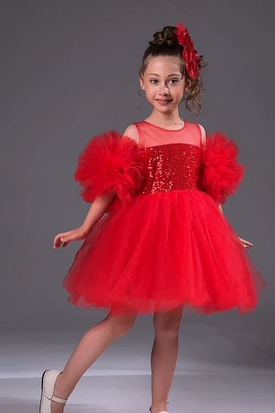 ABİYEKİDS Red Birthday Party Performance - Homecoming Dress with Pompom, Buckles and Sequins Aby160