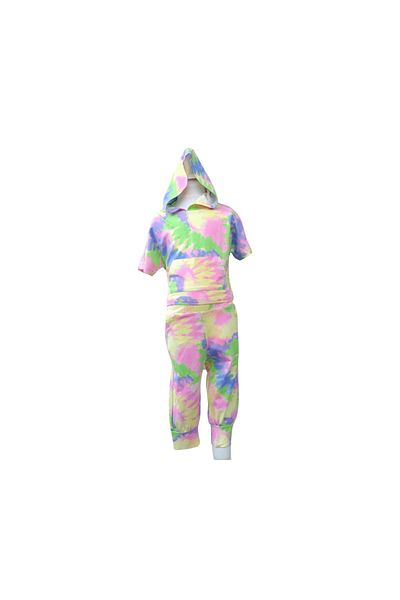 woorage cuties Girl's Tie-Dye Printed Hooded Kangaroo Pocket Double Suit