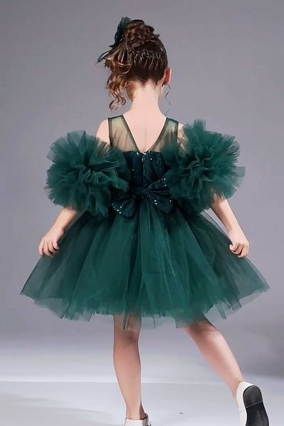 ABİYEKİDS Green Birthday Party Performance - Homecoming Dress with Pompom, Buckle and Sequin Detail Aby160