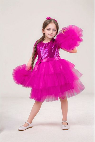 ABİYEKİDS Fuchsia Birthday Party Pageant Homecoming Dress - with Pompom, Buckle and Sequin Detail Aby160