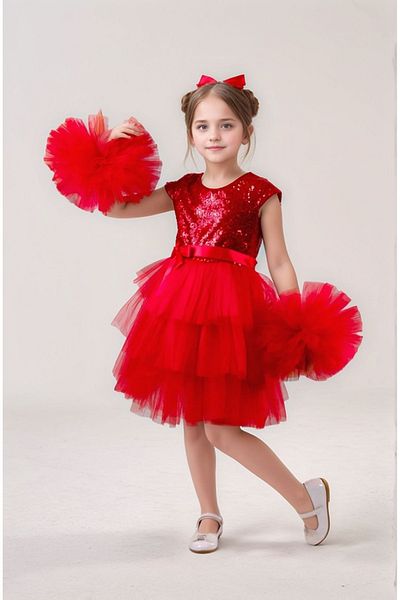 ABİYEKİDS Red Birthday Party Performance - Homecoming Dress with Pompom, Buckles and Sequins Aby160