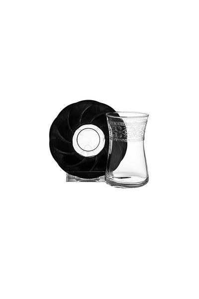 Dania Turkish glass tea cup set with fine laser engraving and black glass saucer, 6 cups and 6 saucers