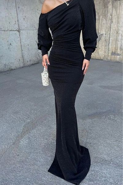 CEDY DENIM Erens One Shoulder Detailed Glitter Slit Dress