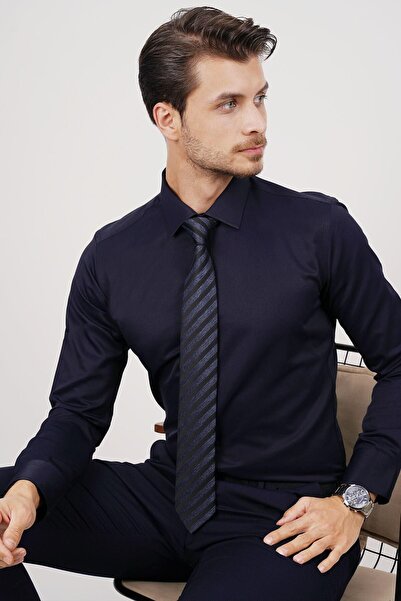 Etikmen Lacivert Saten & Lacivert Çizgi Desen Gömlek Kravat Seti