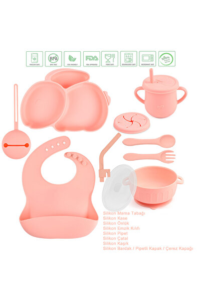 jojobebek Pink Silicone Feeding Set - Food Plate, Bowl, Pacifier Case, Straw,...