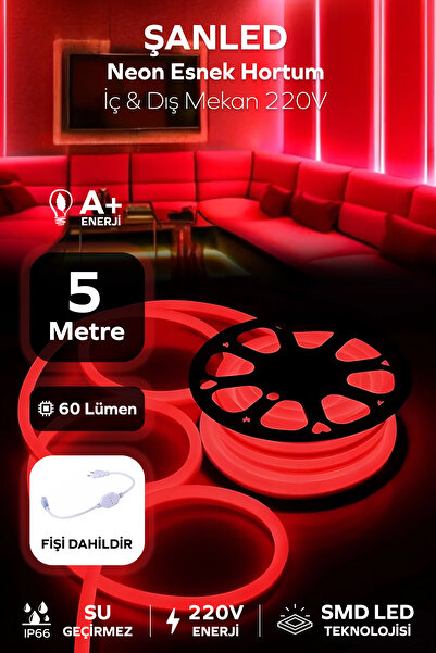 ŞANLED NEON Esnek Hortum Şerit Led KIRMIZI rengi + 220V Fiş/1,2,3,4,5,10,15,2...