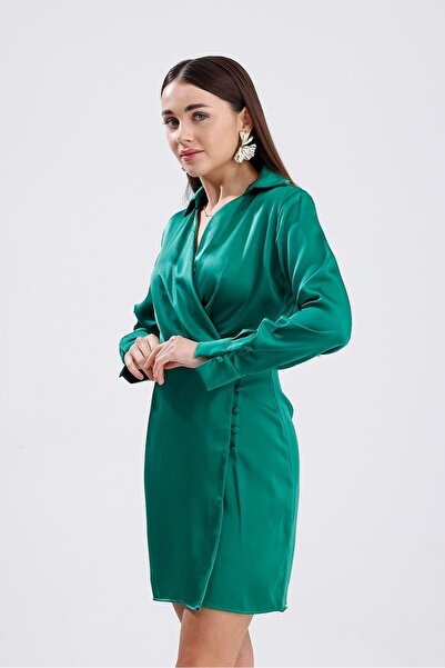 VAPUR TEKSTİL Double breasted collar front button dress satin - emerald
