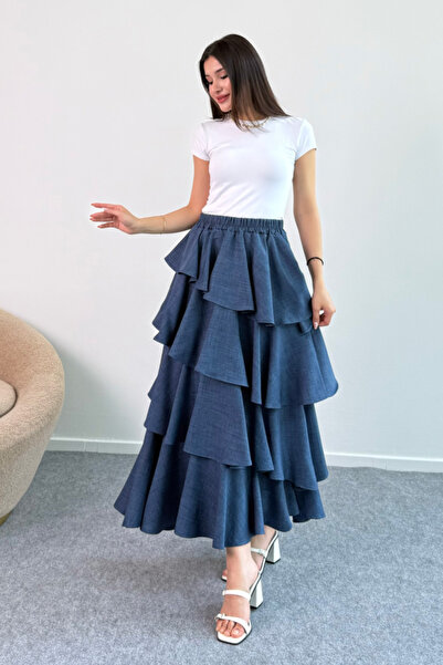 Hatun Atila Fusta cu volane din țesătură de in Filament 5193 Indigo