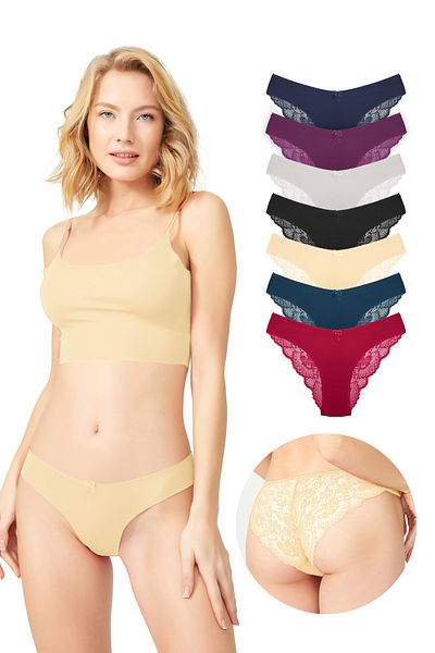 Cottonhill Slip de bikini pentru femei, cu dantelă la spate, tăiat cu laser, pachet de 7