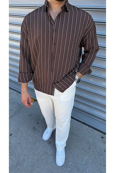 bafatex Ανδρικό λινό ριγέ πουκάμισο New Season Oversize
