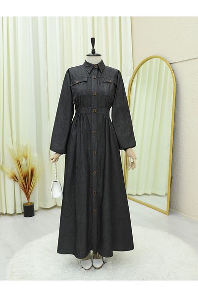 Modamorfo Buttoned Double Pocket Denim Dress with Elastic Sleeves - Anthracite