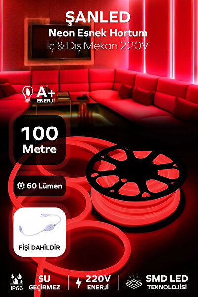 ŞANLED NEON Esnek Hortum Şerit Led KIRMIZI rengi + 220V Fiş/1,2,3,4,5,10,15,20,25,50,100 Metre